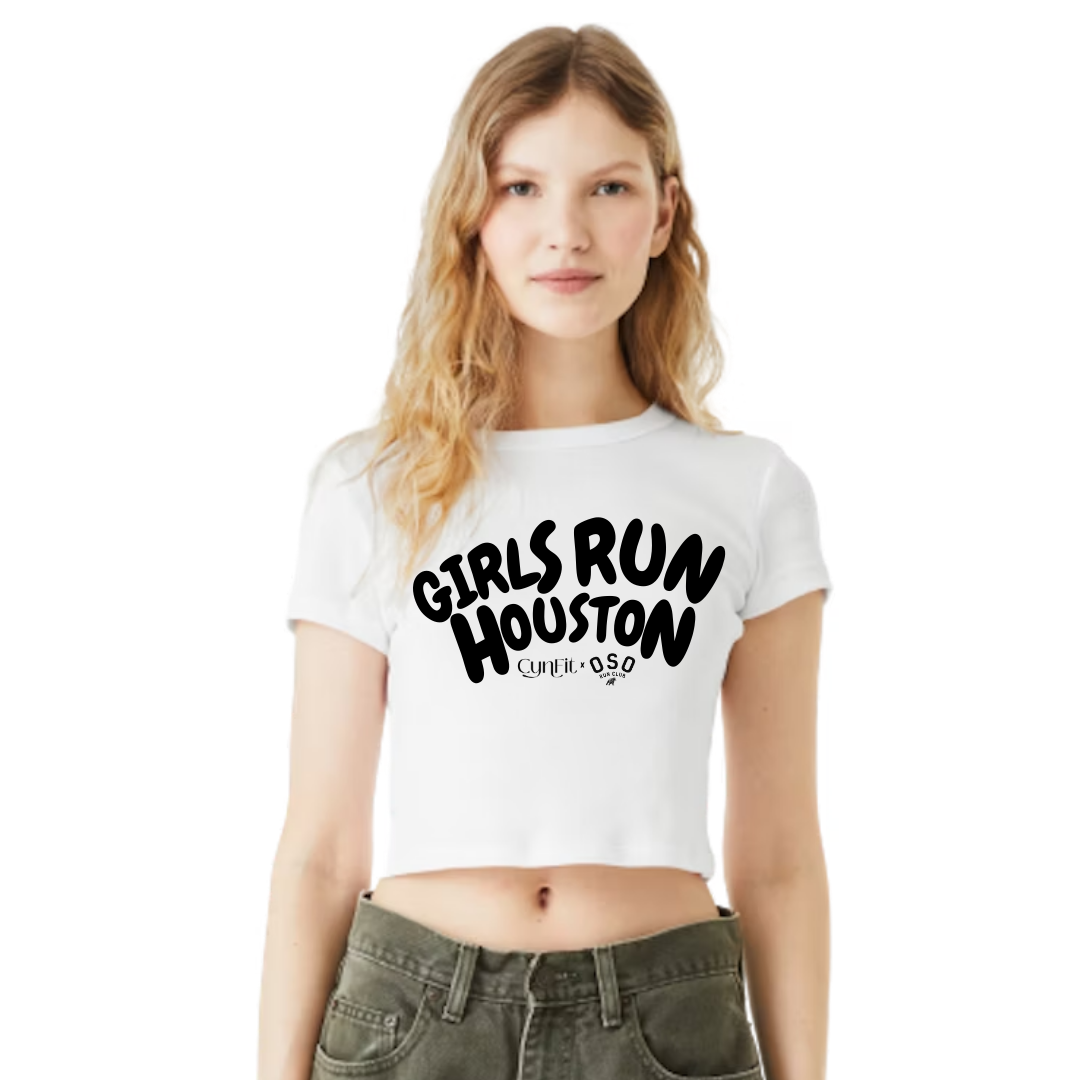Girls Run Houston - CynFit x Oso Coffee Co. : WHITE CROPPED BABY TEE