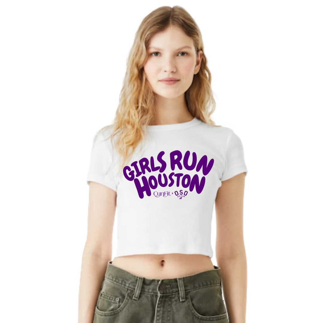 Girls Run Houston - CynFit x Oso Coffee Co. : WHITE CROPPED BABY TEE