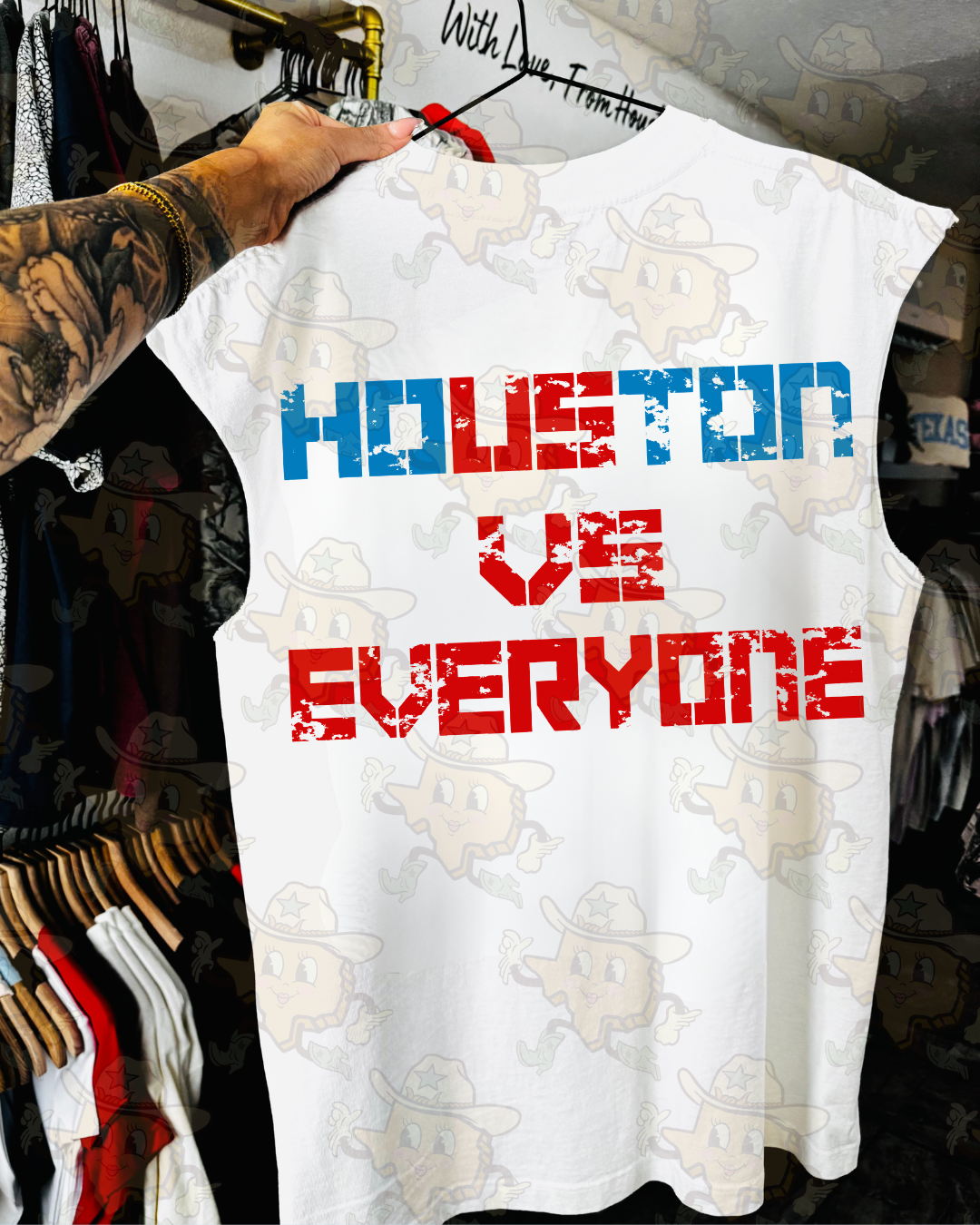 Bull / Houston Vs. Everyone : Pocket/ Back | White Cutoff Tee