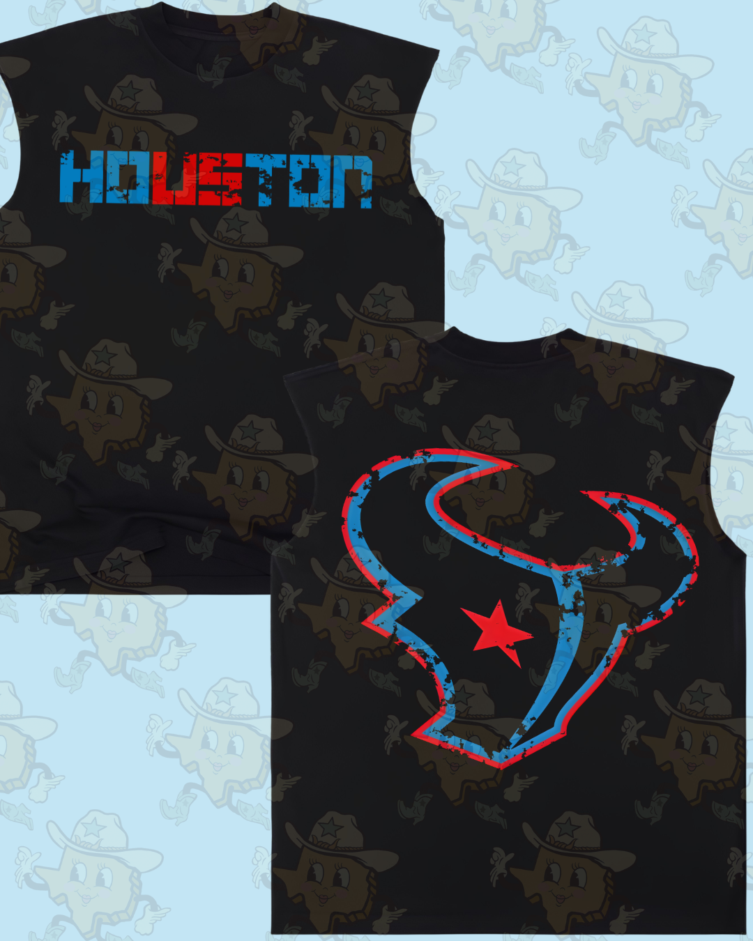 Houston / Bull : Front/ Back | Black Cutoff Tee