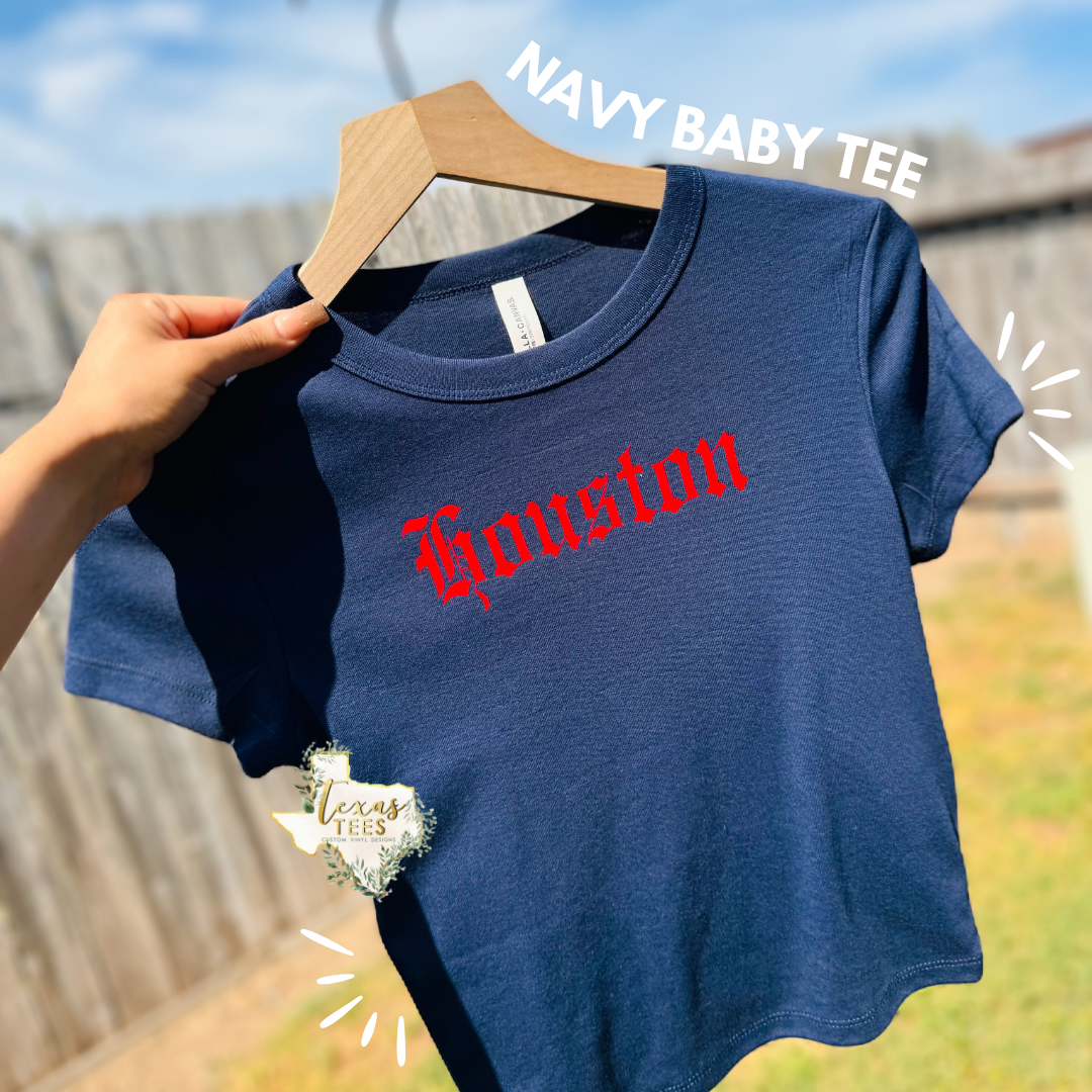 Houston Old English - Navy Crop Baby Tee