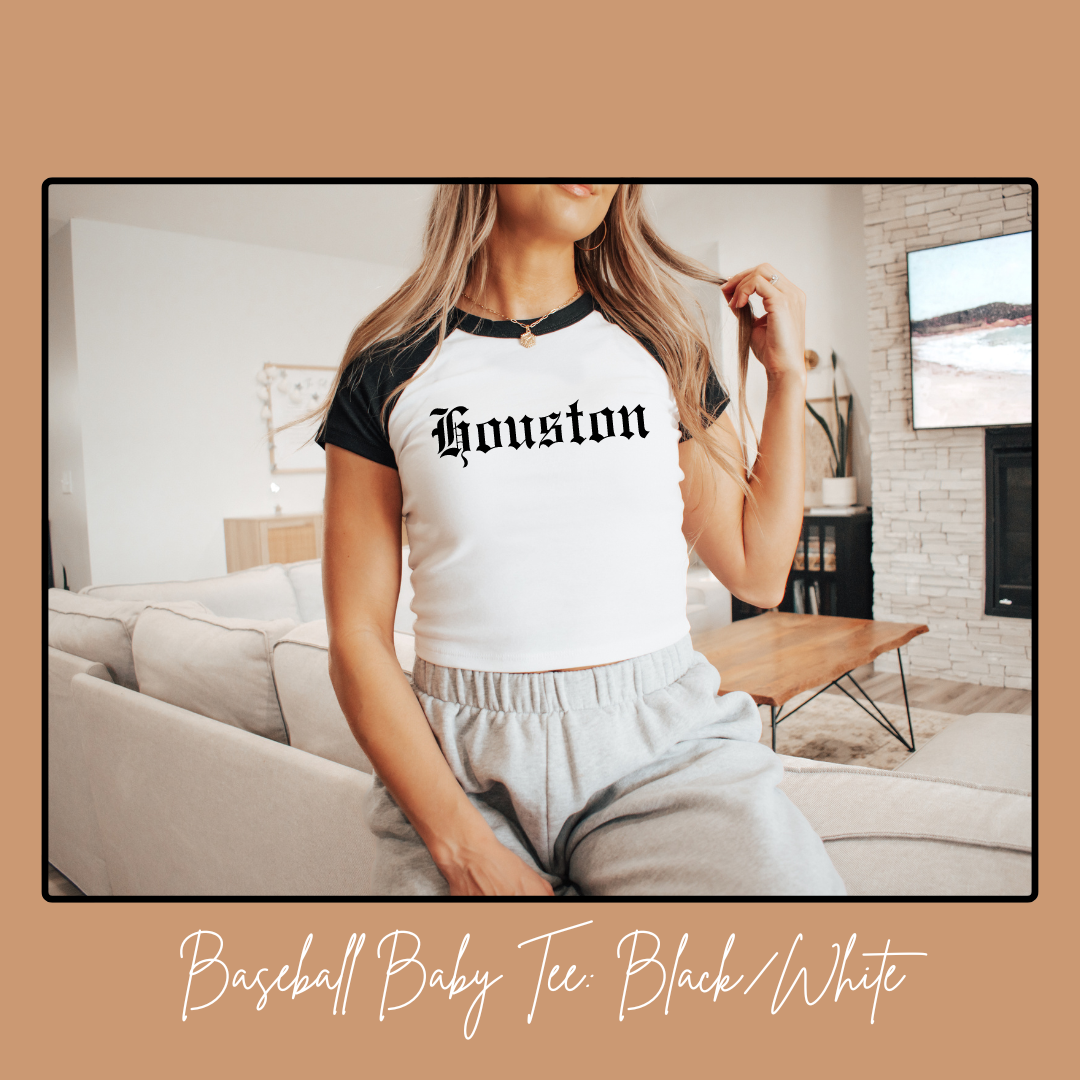 Houston Old English - Baseball Baby Tee: Black/White