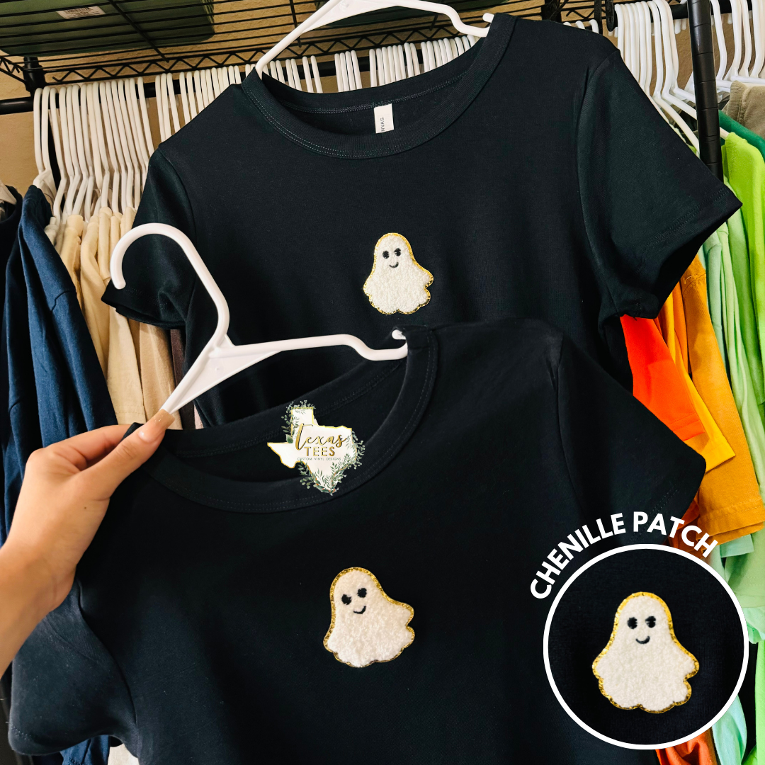 Ghost Chenille Patch - Black Crop Baby Tee - LIMITED QUANTITY