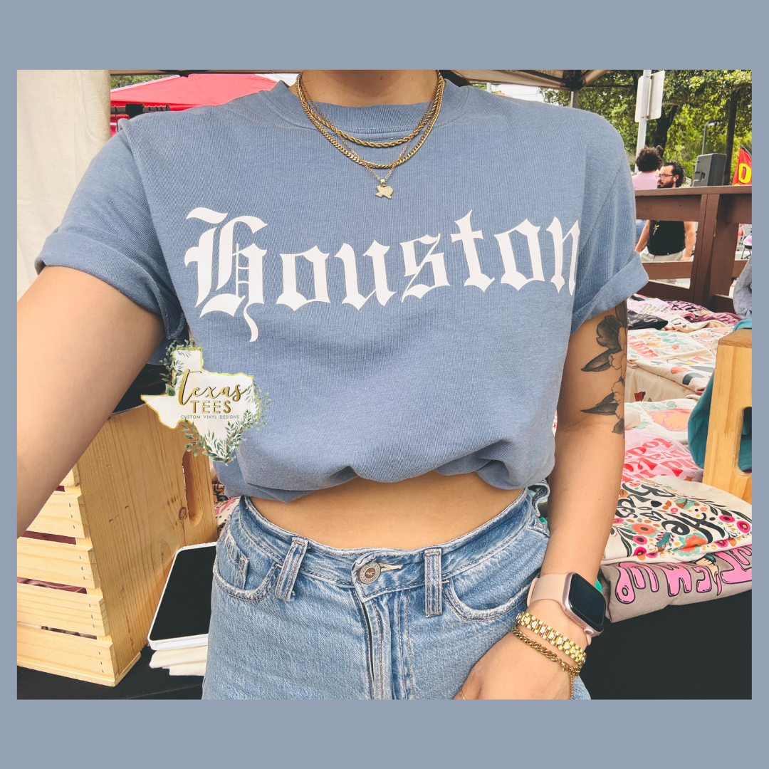 Houston - Old English Font - Washed Denim (Blue)