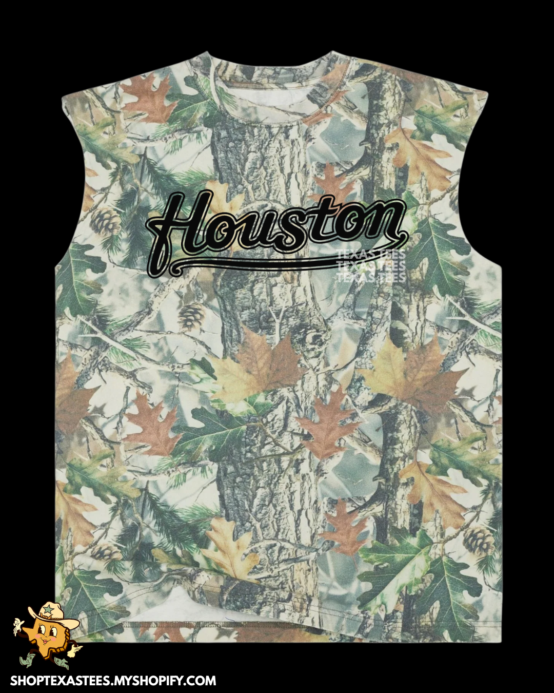 Houston Script Black- Camo Heavyweight Oversized Cutoff Tee
