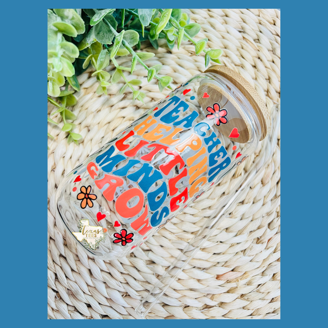 Teacher Helping Little Minds Grow Floral Glass Can Cup - 16oz