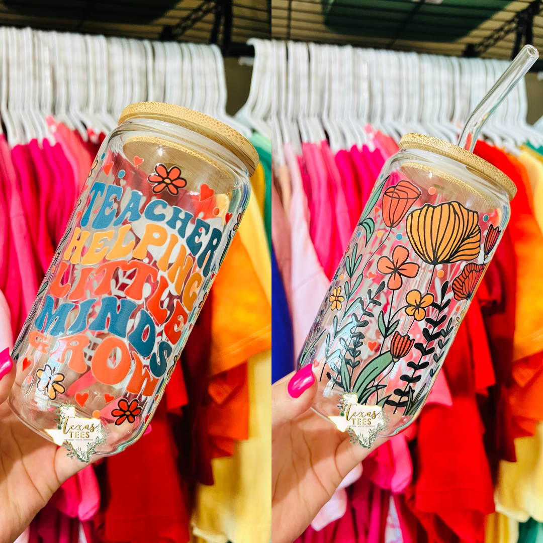 Teacher Helping Little Minds Grow Floral Glass Can Cup - 16oz