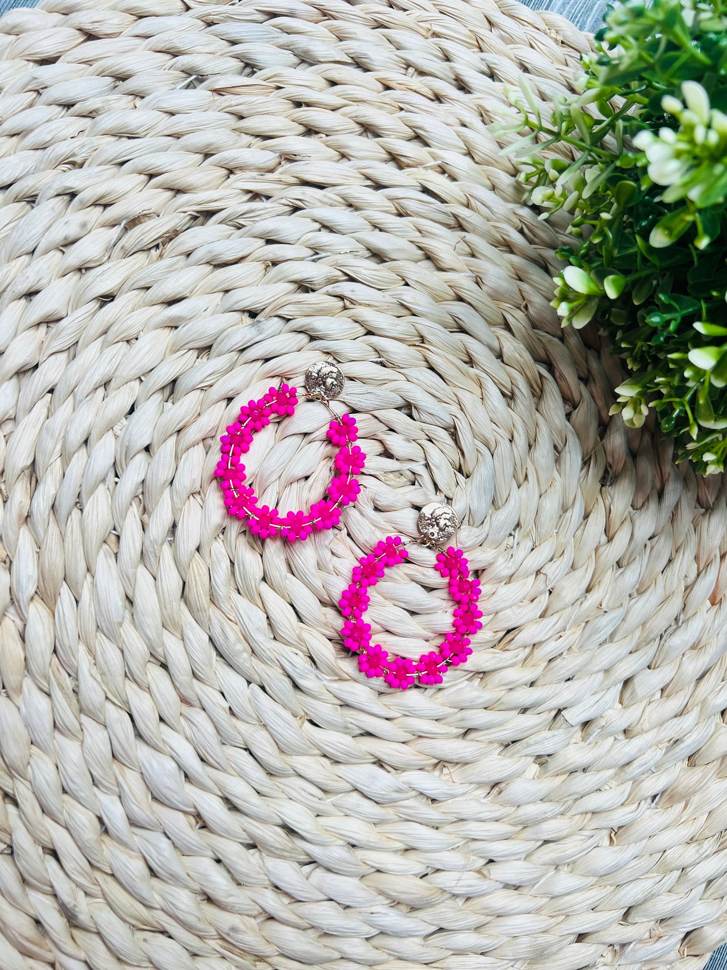 Hot Pink Floral Beaded Earrings