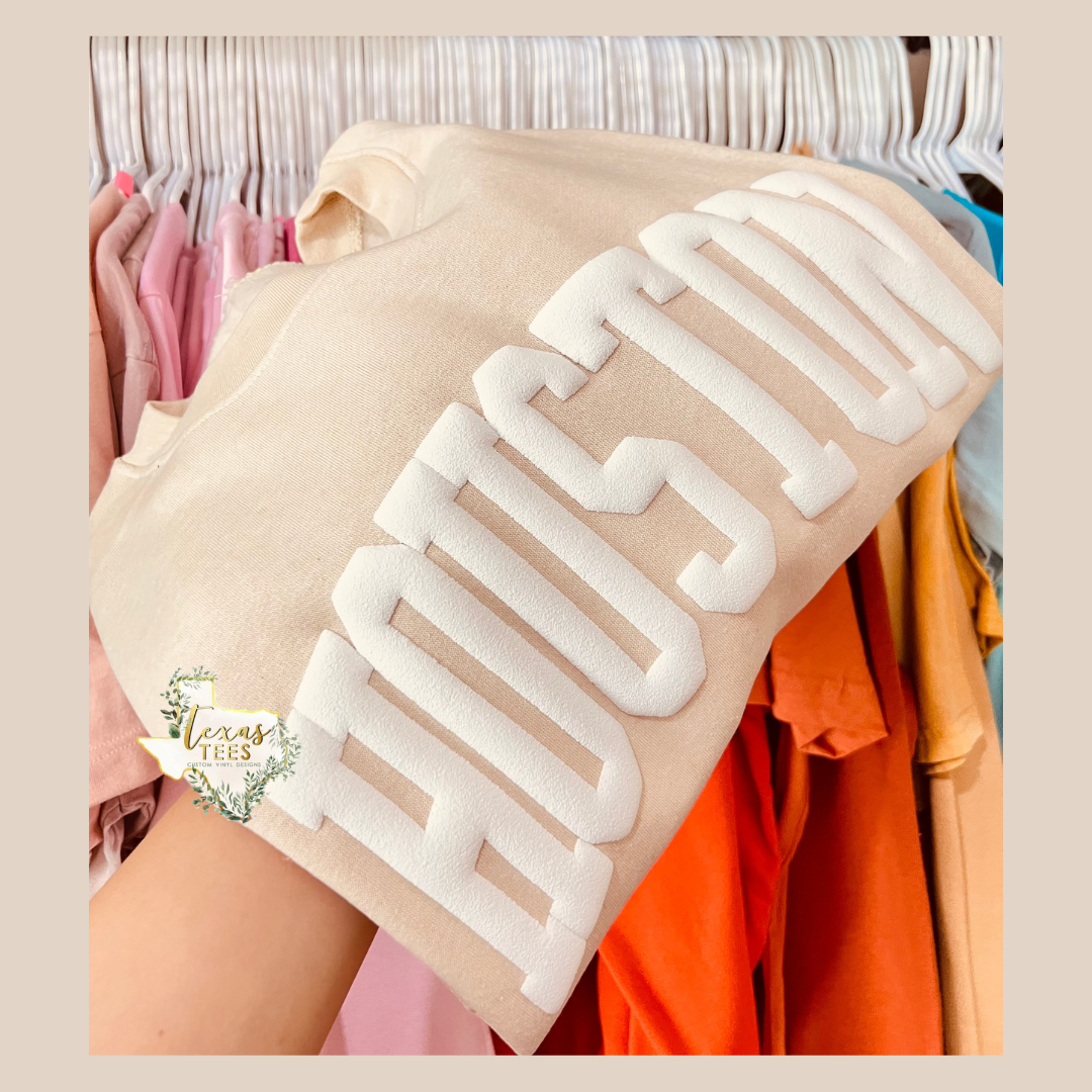 Houston Puff Design - White on Beige