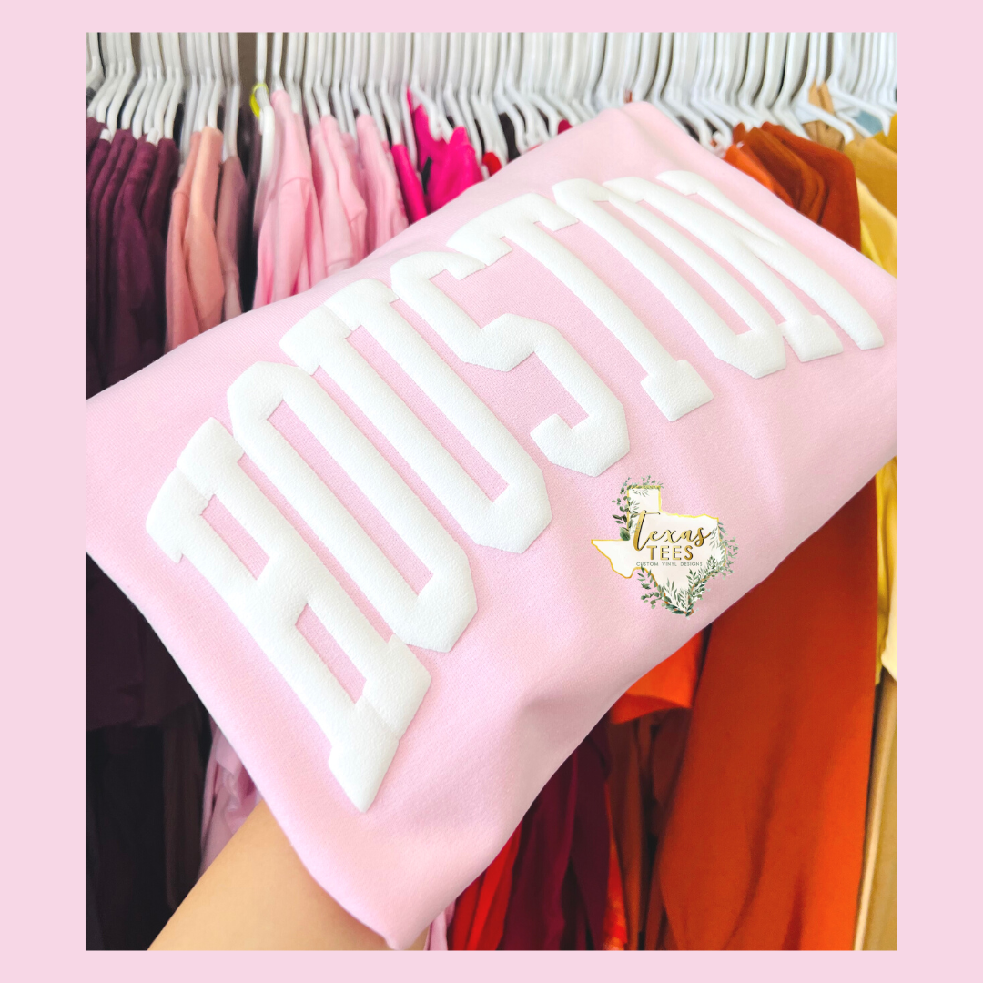 Houston Puff Design - White on Light Pink