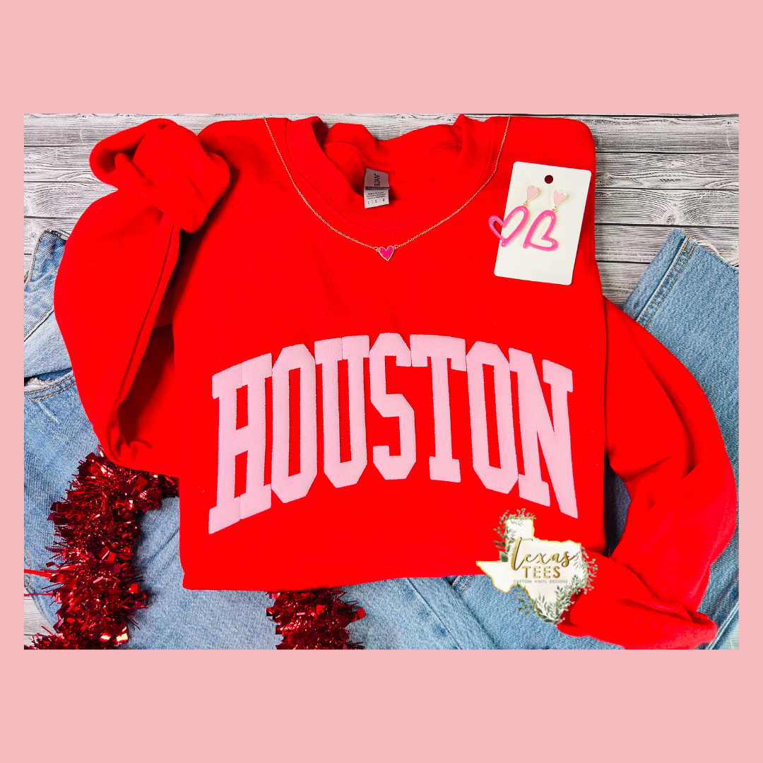 Houston Puff Design - Light Pink on Red