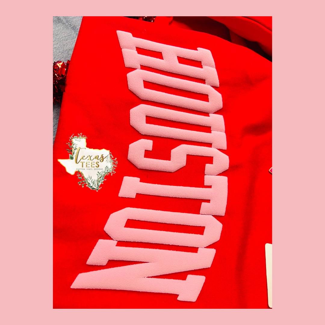 Houston Puff Design - Light Pink on Red