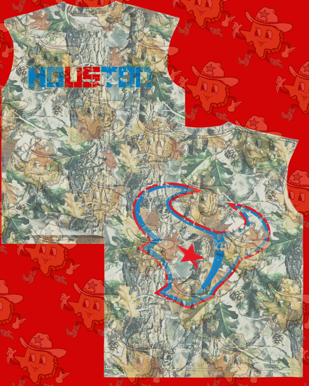 Houston / Bull : Front/ Back - Camo Heavyweight Oversized Cutoff Tee