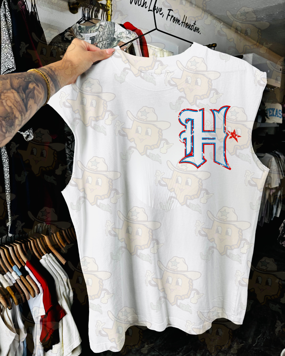 H / Houston Vs. Everyone : Pocket/ Back | White Cutoff Tee