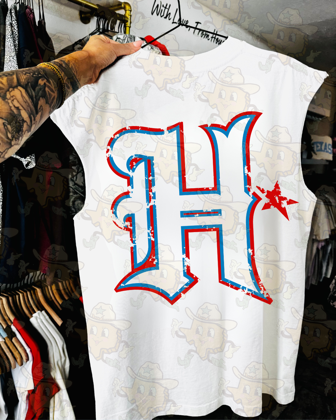 Houston / H : Front/ Back | White Cutoff Tee