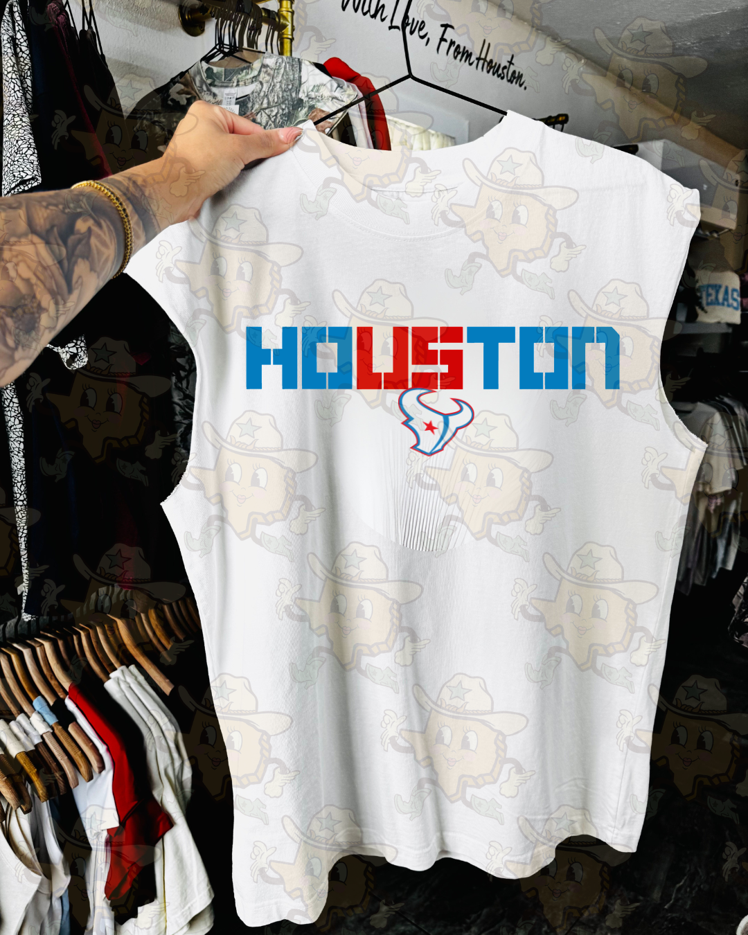 Houston Tex : Front Only | White Cutoff Tee