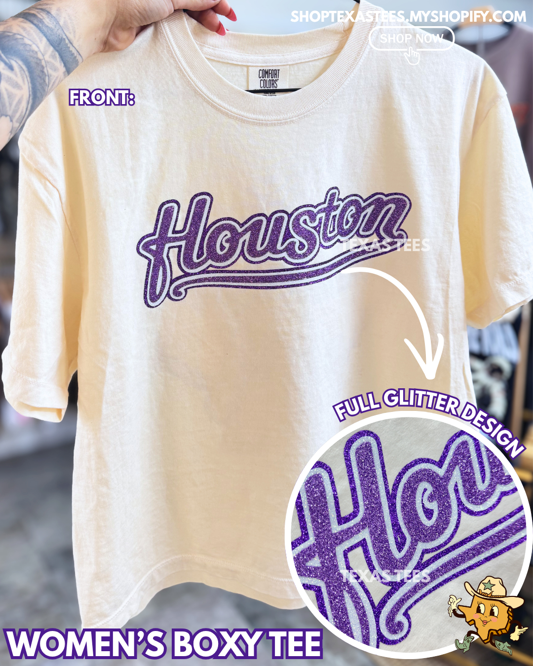 Houston Open Star Texas PURPLE FULL GLITTER / Women's Boxy Crop