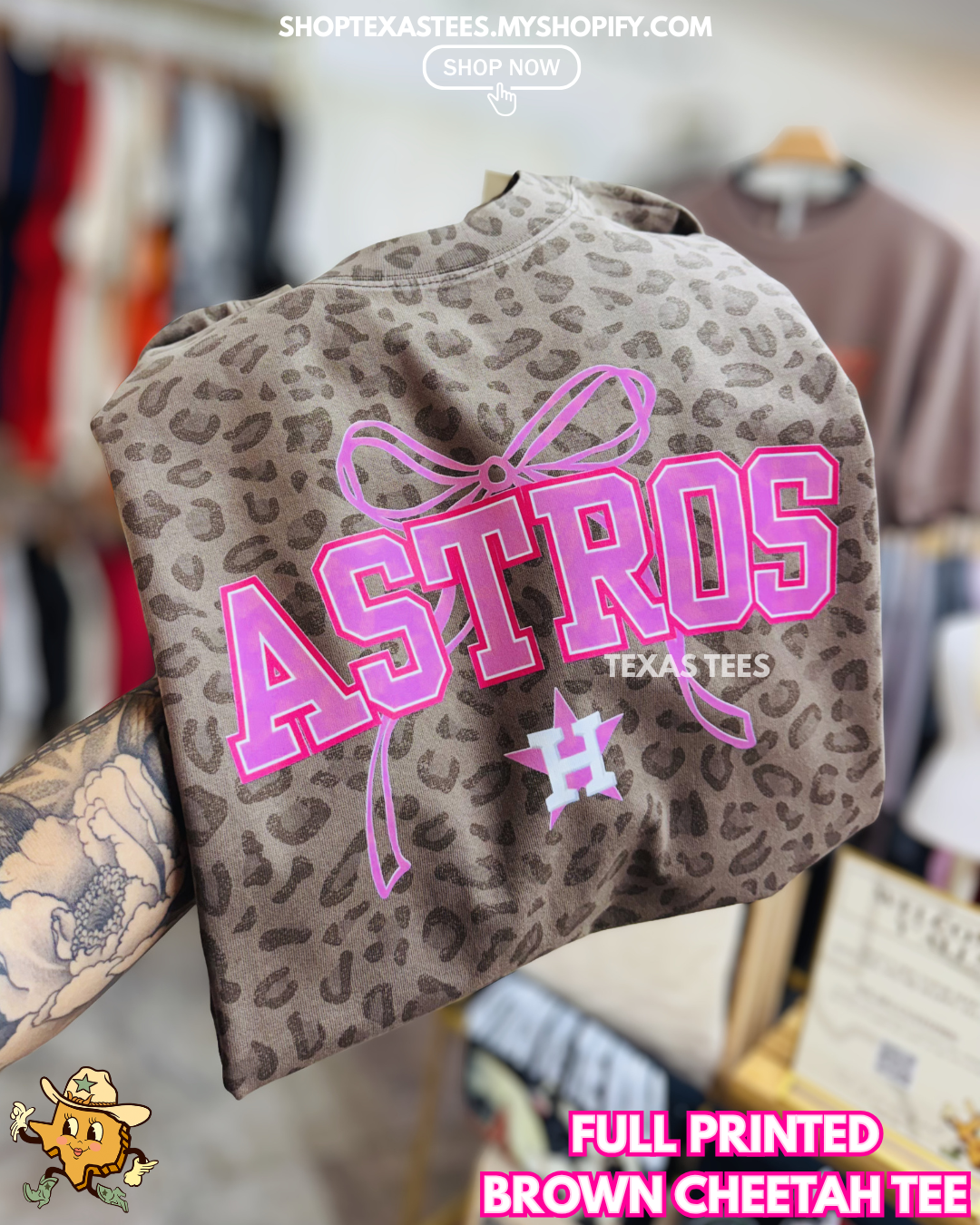 Astros Pink Coquette - Full Brown Cheetah Tee Oversized