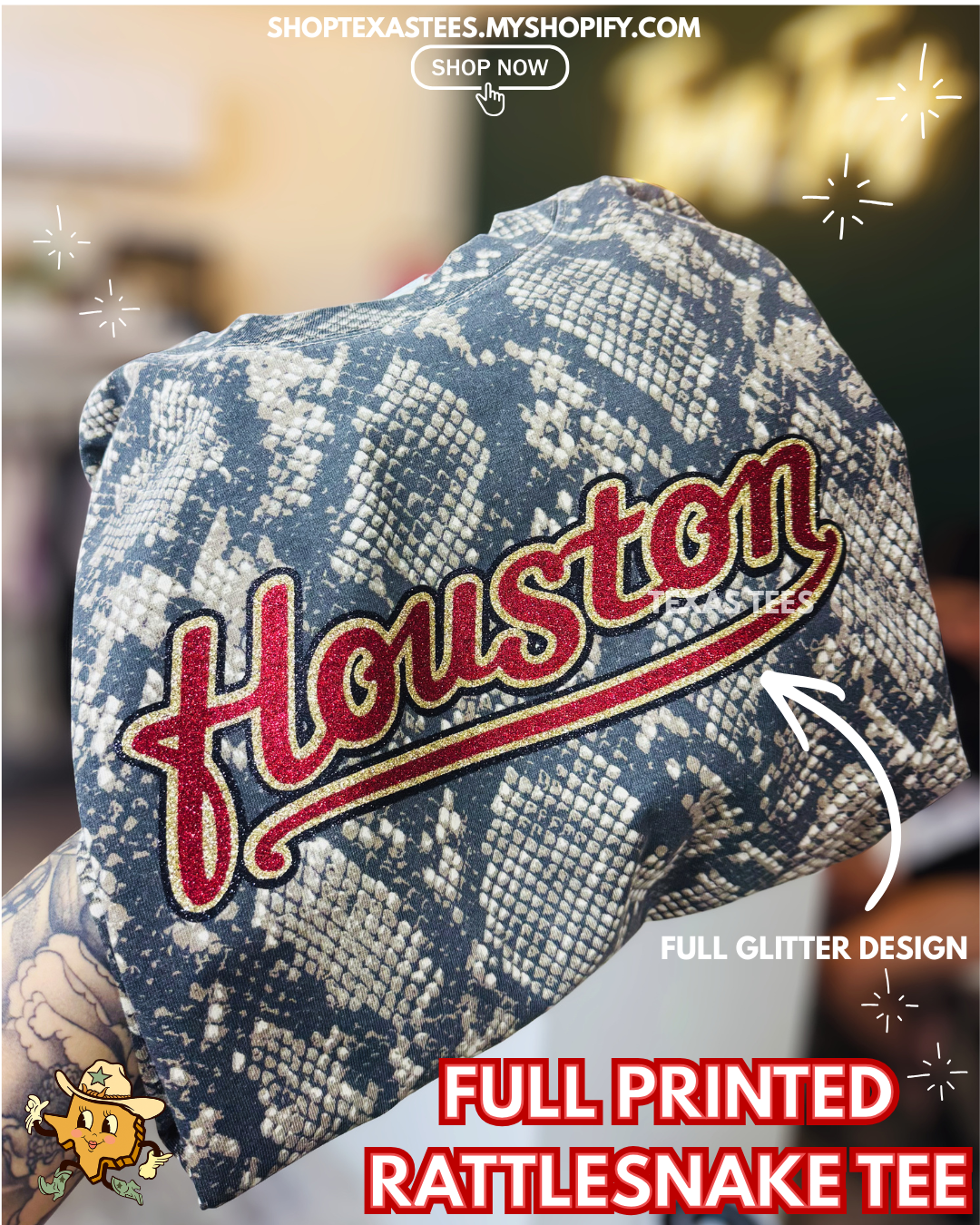Houston Script Red - Full Glitter Design : Rattlesnake Tee Oversized
