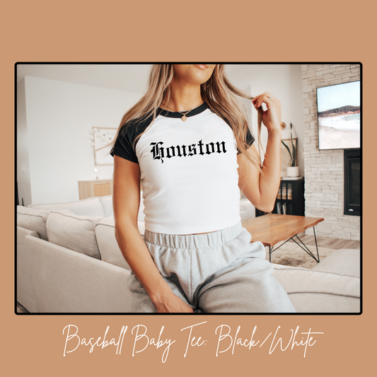 Houston Old English - Baseball Baby Tee: Black/White
