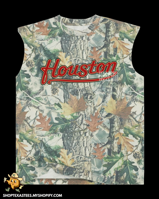 Houston Brick Red Script- Camo Heavyweight Oversized Cutoff Tee