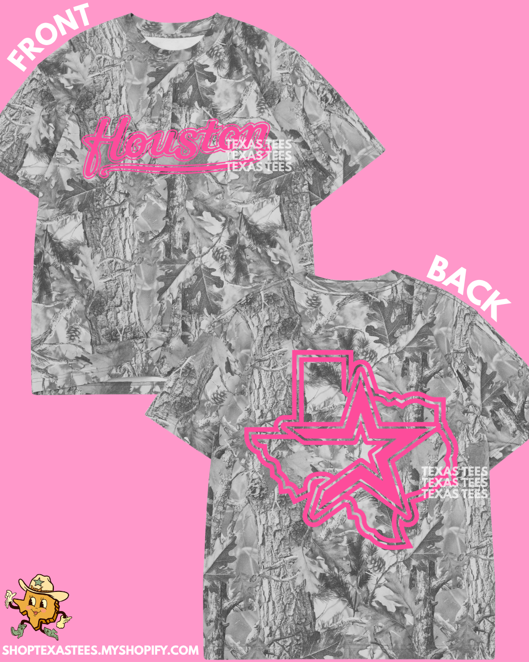 Open Star Texas Hot Pink - Graywash Camo Heavyweight Oversized Tee