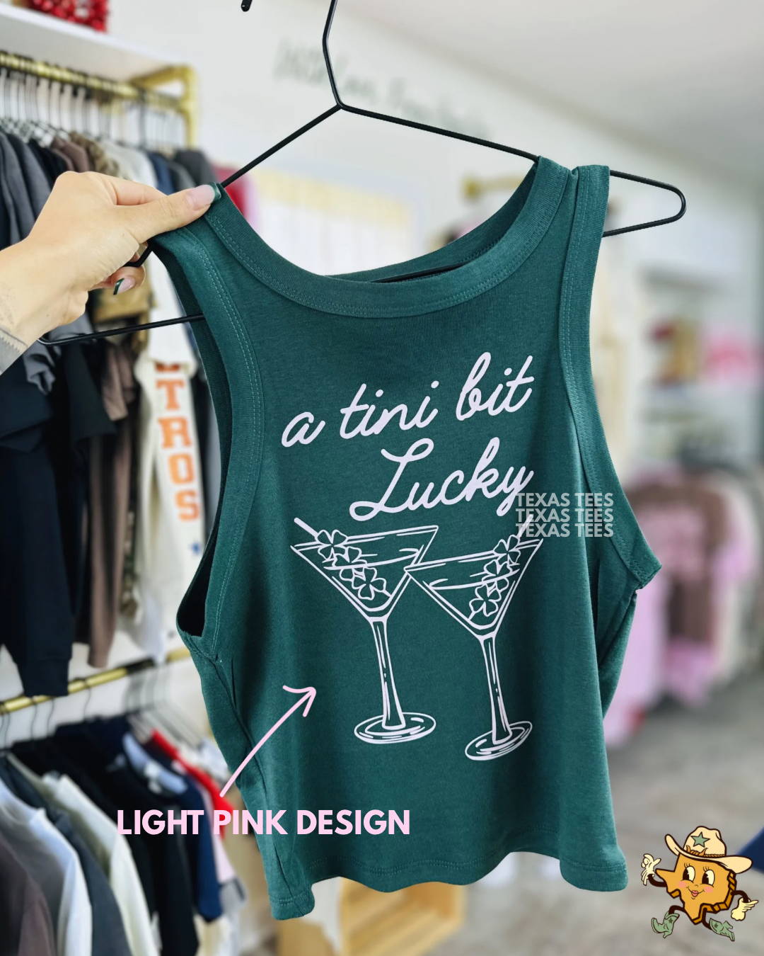 A tini bit lucky- Forest green tank (baby pink letters)