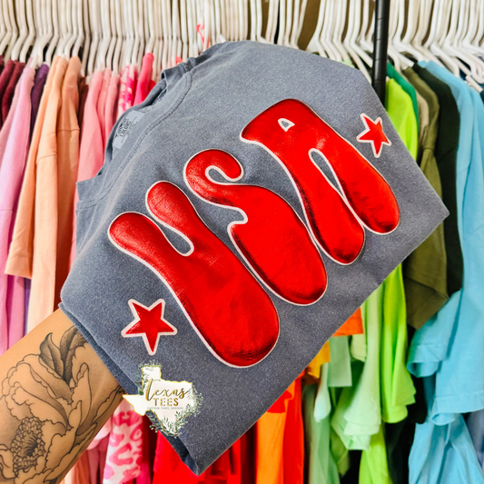 USA Tee - Metallic Red Puff/ Outline White Glitter