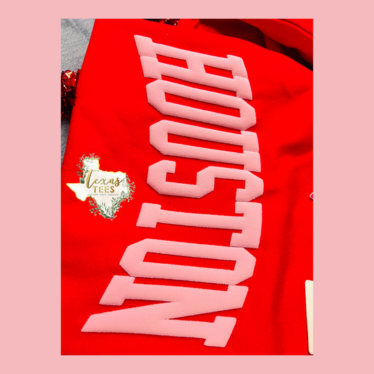 Houston Puff Design - Light Pink on Red