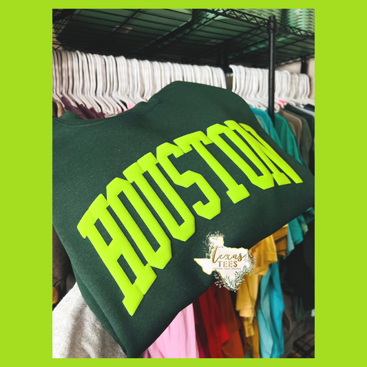 Houston Puff Design - Lime Green on Forest Green